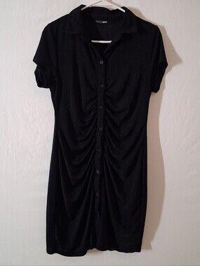 Fashion Nova Black Ruched Button Down Shirt Dress Size L